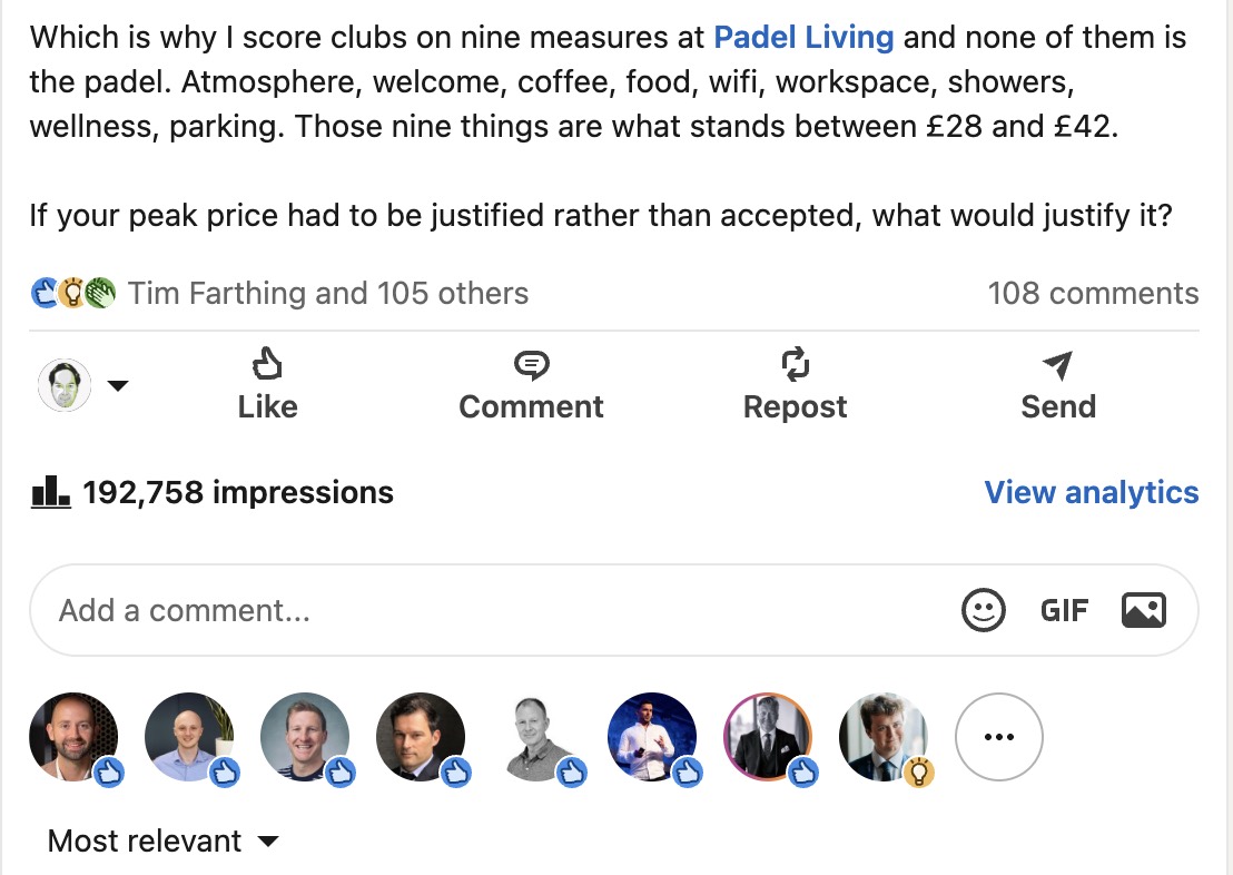 Richard Patey's LinkedIn post analytics: 192,758 impressions and 108 comments