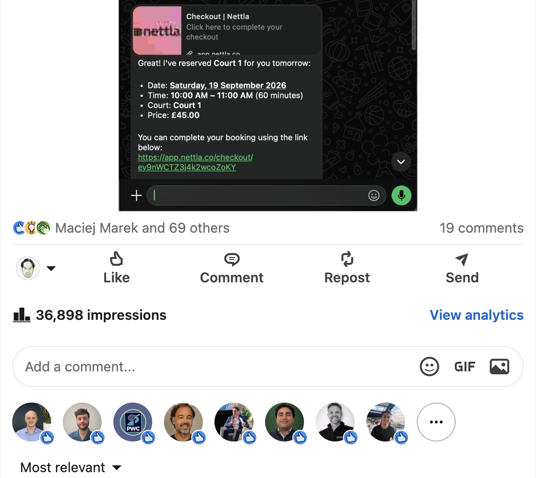 Richard Patey’s LinkedIn promotion for Nettla showing 36,898 impressions and 19 comments